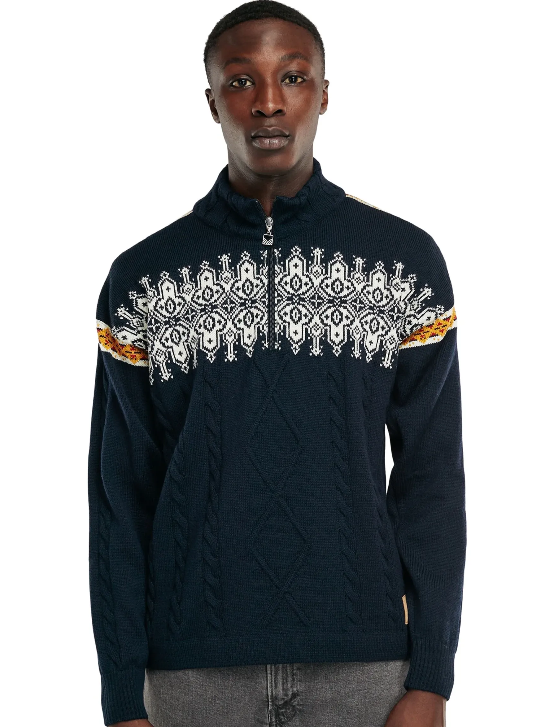 Dale of Norway Half-Zip^Aspoy Men's Lightweight Wool Sweater Navy Offwhite Mustard Rasberry