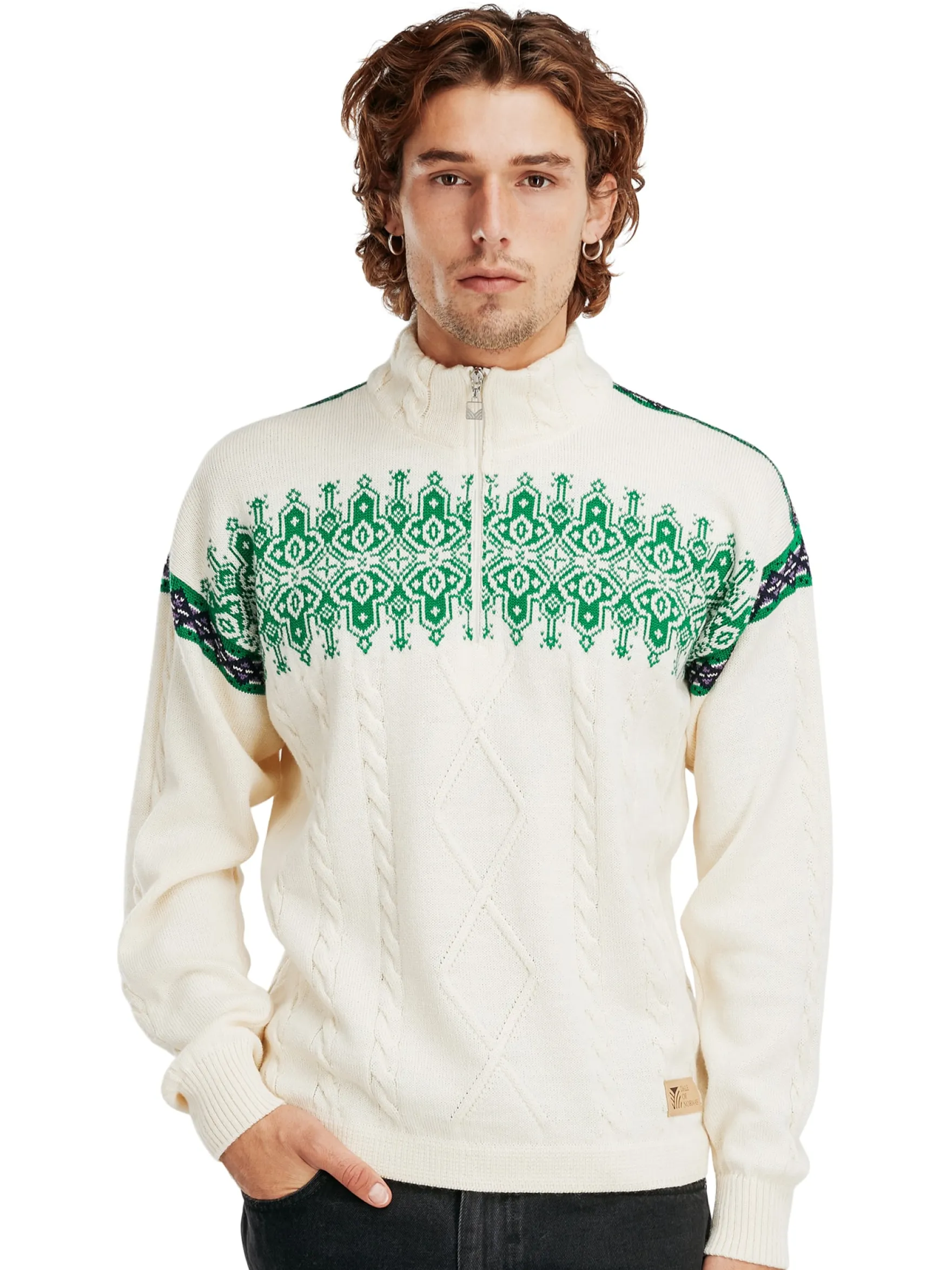 Dale of Norway Half-Zip^Aspoy Men's Lightweight Wool Sweater Offwhite Brightgreen Purple