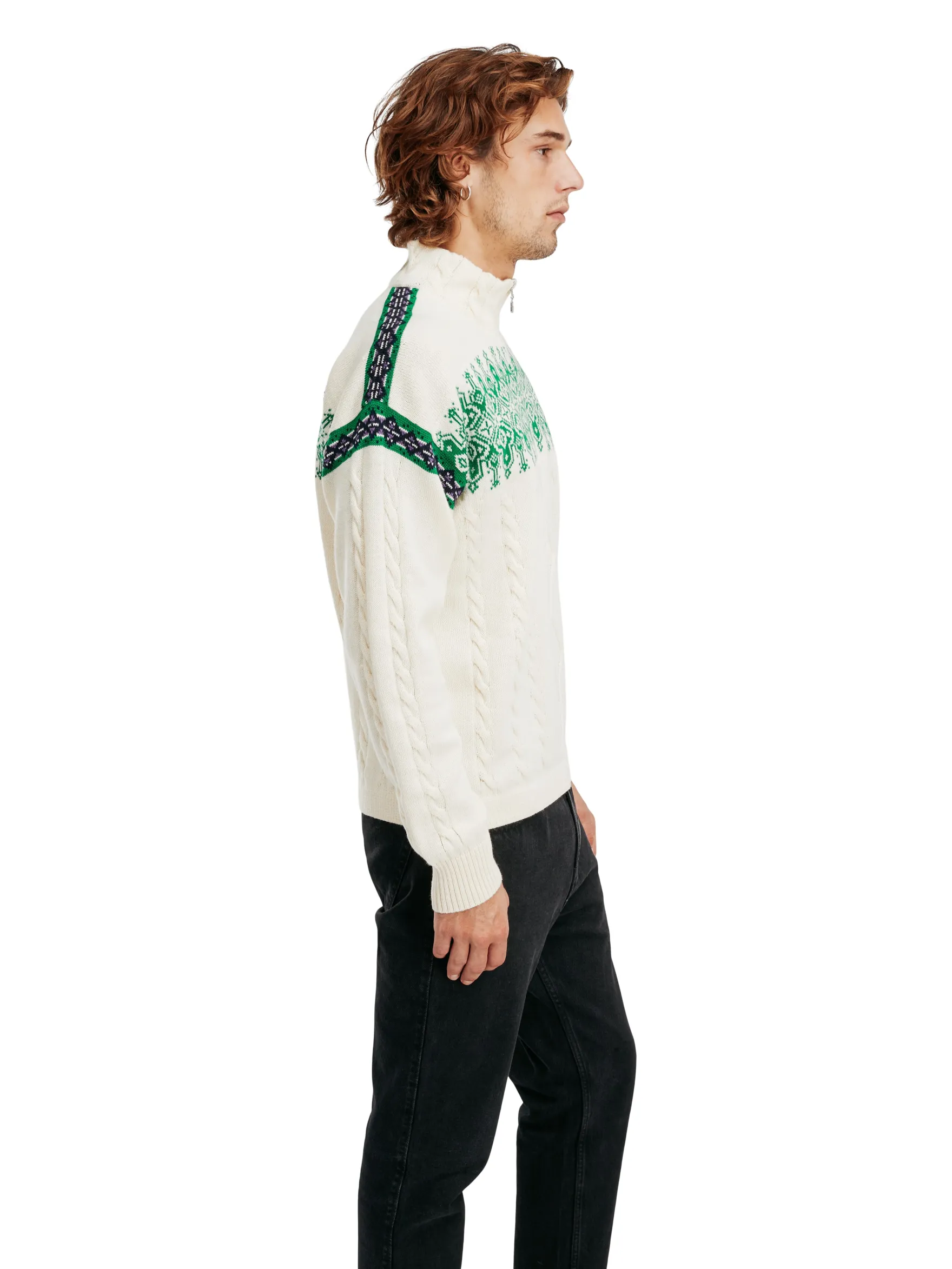 Dale of Norway Half-Zip^Aspoy Men's Lightweight Wool Sweater Offwhite Brightgreen Purple