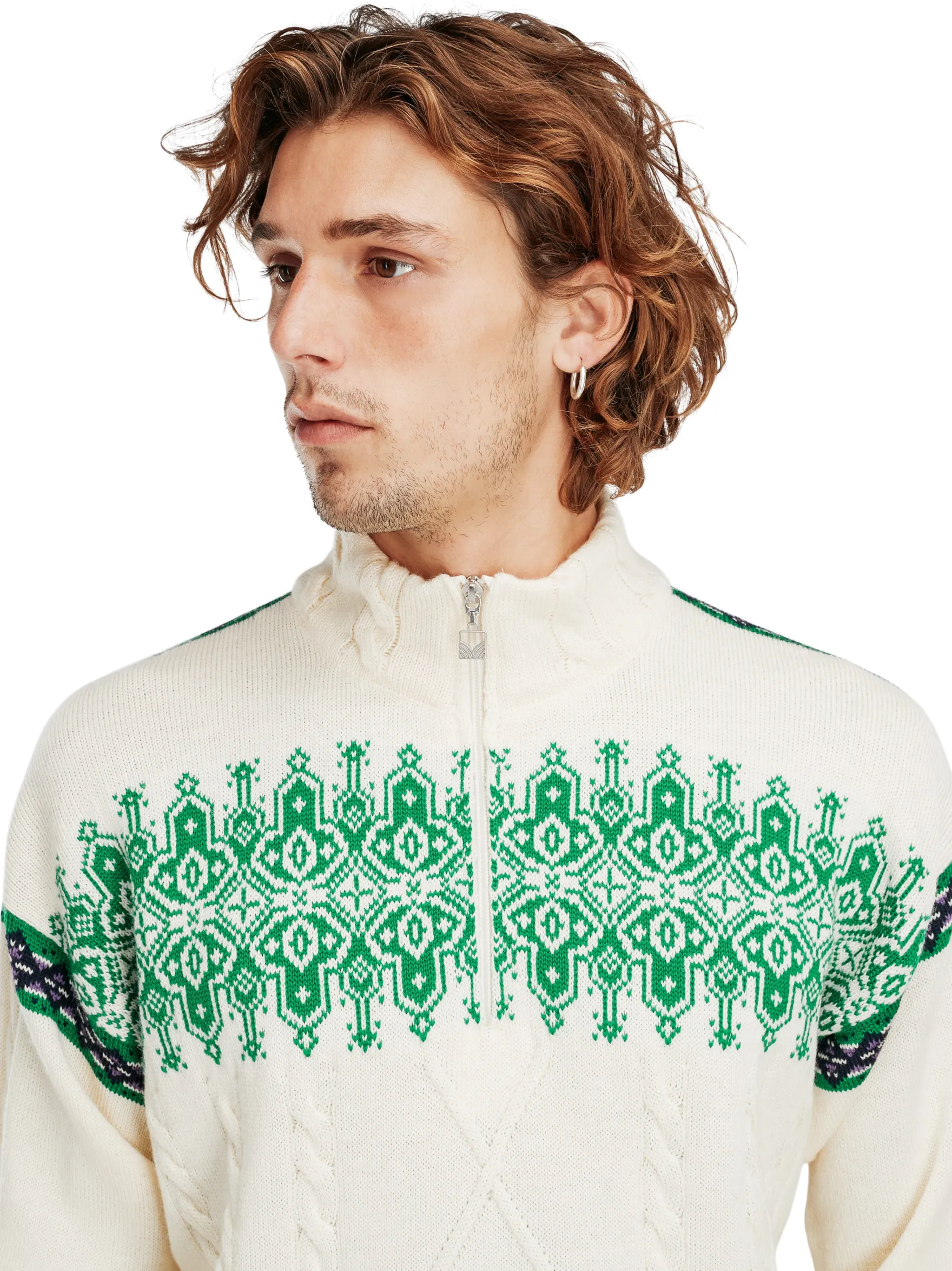 Dale of Norway Half-Zip^Aspoy Men's Lightweight Wool Sweater Offwhite Brightgreen Purple