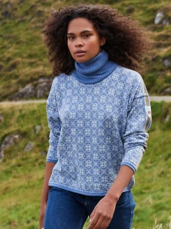 Dale of Norway Turtle-Neck^Firda Women's Sweater - Merino Wool Blue Shadow Off White