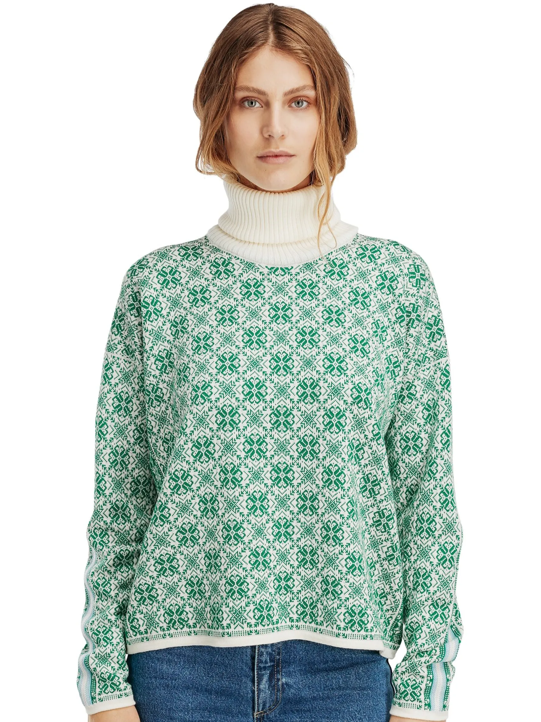 Dale of Norway Turtle-Neck^Firda Women's Sweater - Merino Wool Brightgreen Offwhite