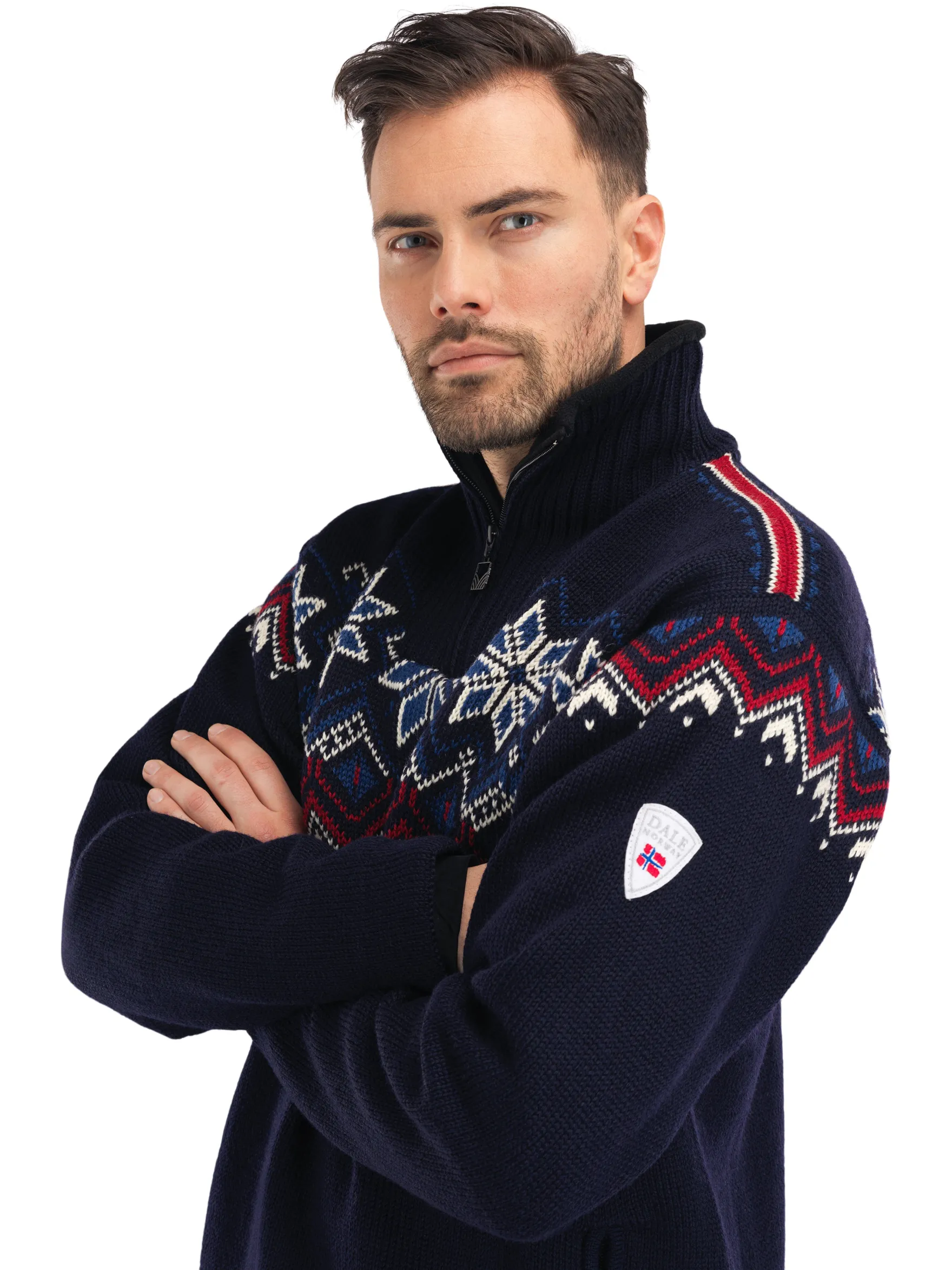 Dale of Norway Weatherproof^Fongen Weatherproof Men's Sweater - Norwegian Wool Navy Offwhite Redrose Indigo