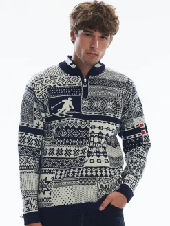 Dale of Norway Half-Zip^History Men's Sweater - Norwegian Wool Navy Offwhite Raspberry