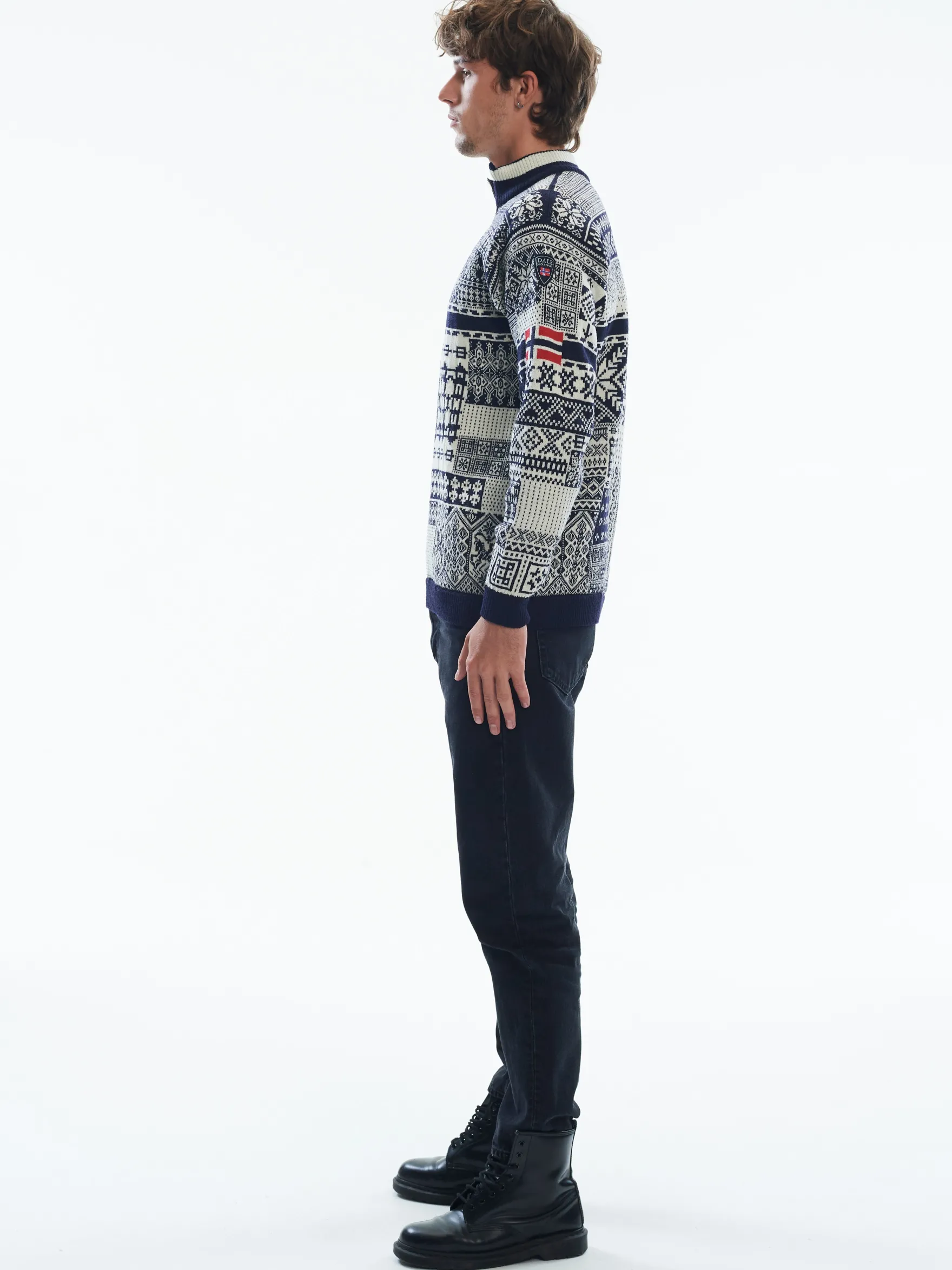 Dale of Norway Half-Zip^History Men's Sweater - Norwegian Wool Navy Offwhite Raspberry
