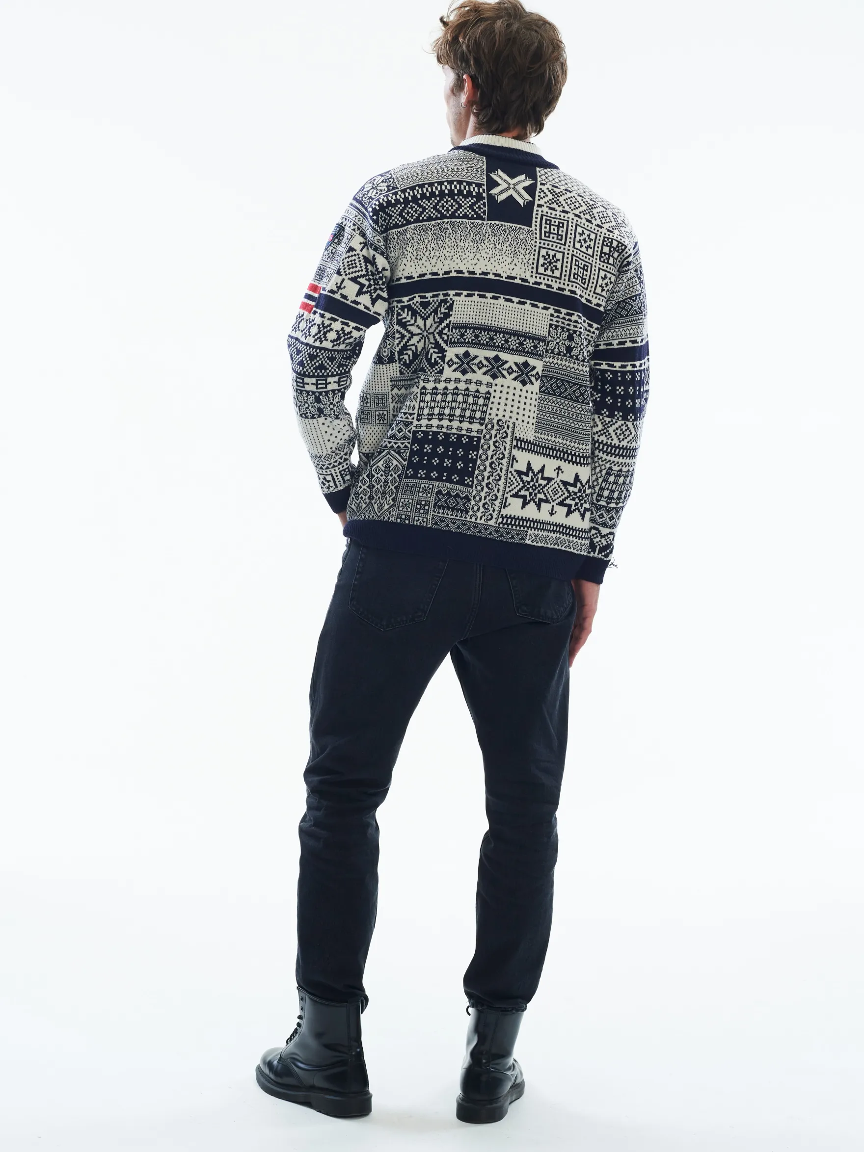 Dale of Norway Half-Zip^History Men's Sweater - Norwegian Wool Navy Offwhite Raspberry