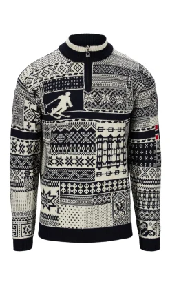 Dale of Norway Half-Zip^History Men's Sweater - Norwegian Wool Navy Offwhite Raspberry