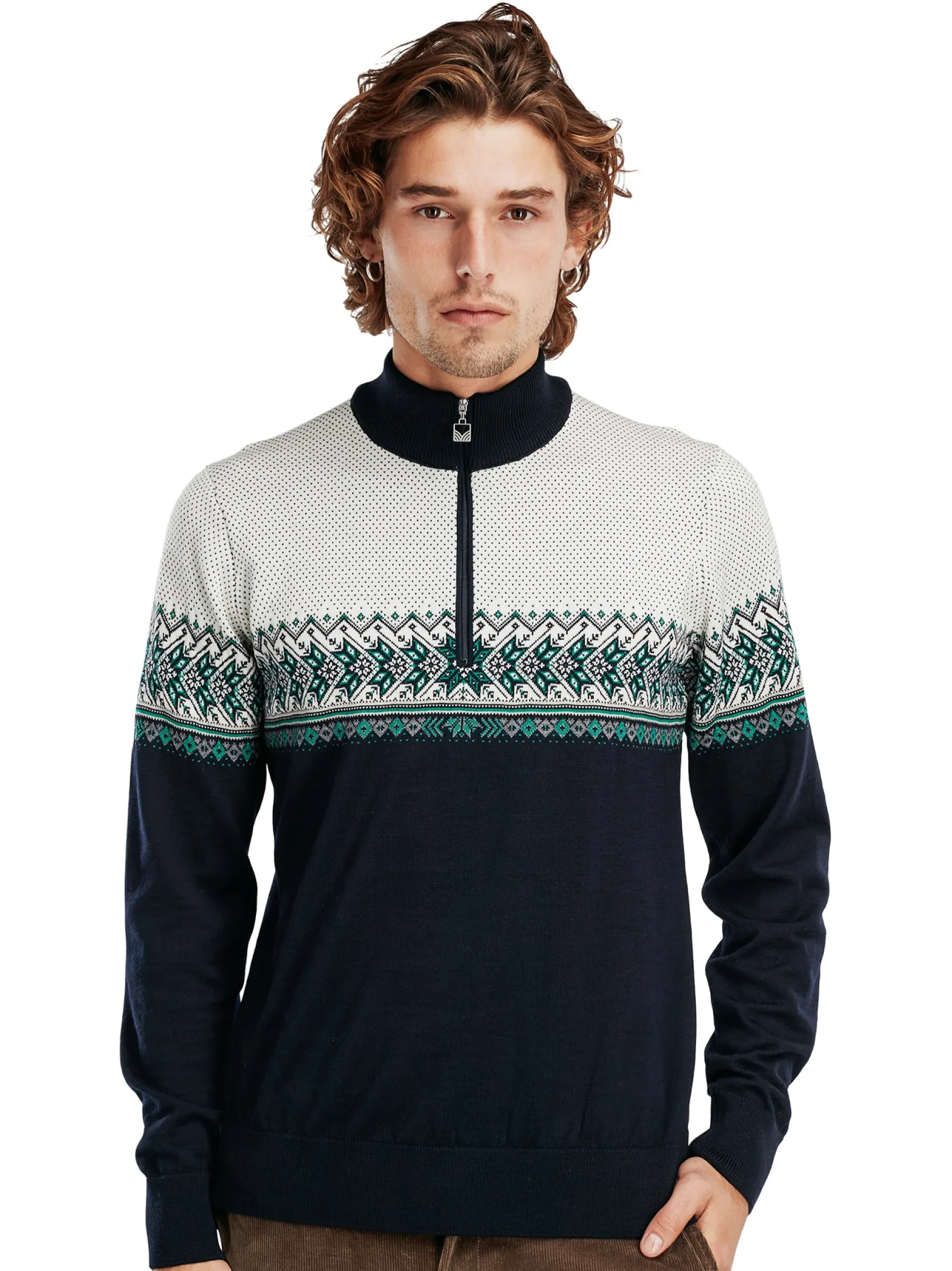 Dale of Norway Half-Zip^Hovden Men's Sweater - Merino Wool Navy Brightgreen Offwhite