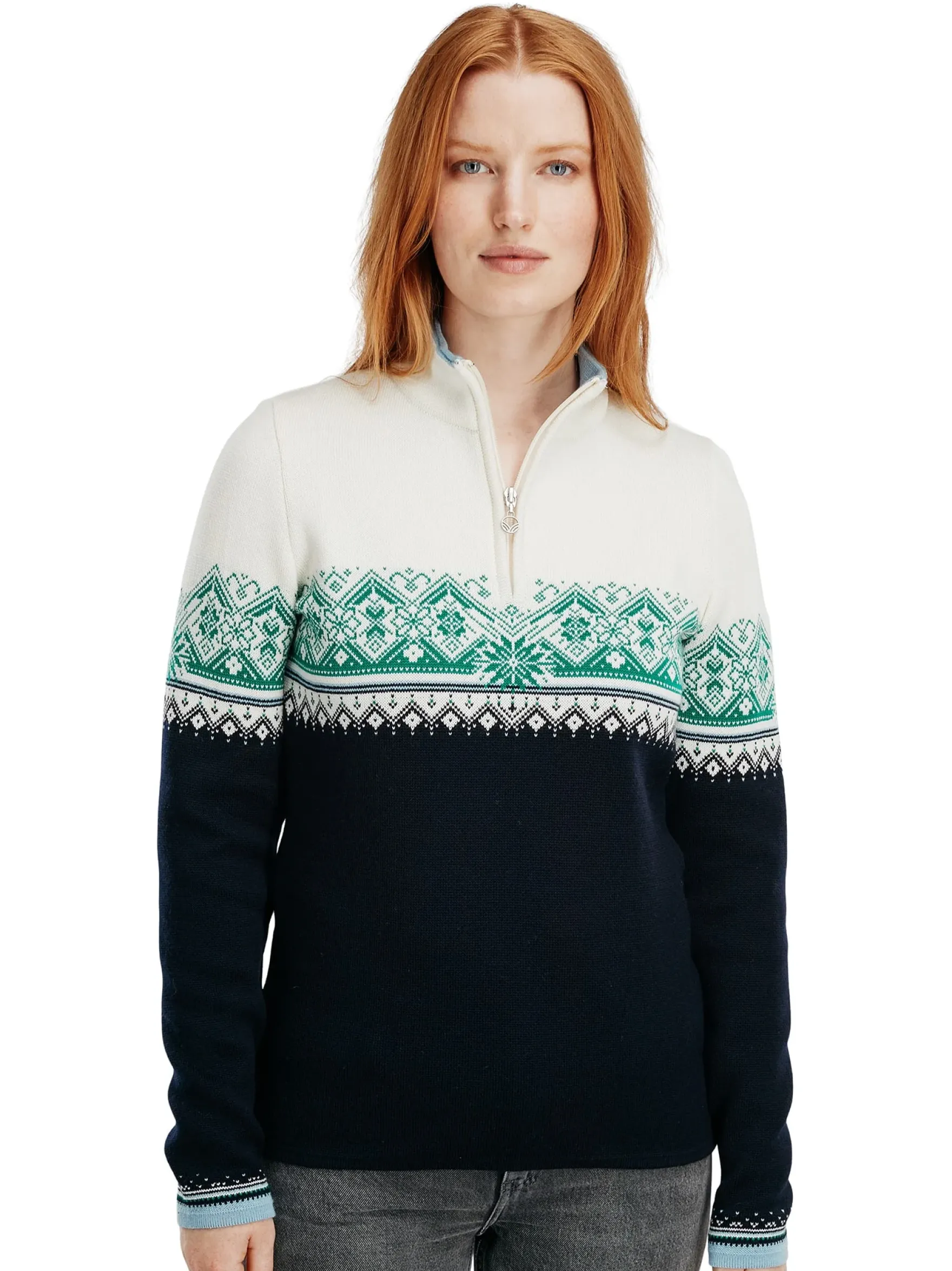 Dale of Norway Half-Zip^Moritz Women's Sweater - Merino Wool Navy Brightgreen Offwhite