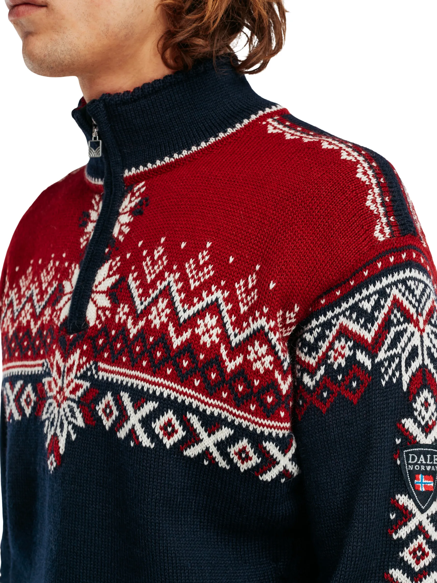 Dale of Norway Half-Zip^140Th Anniversary Men's Sweater - Norwegian Wool Navy Red Rose Offwhite