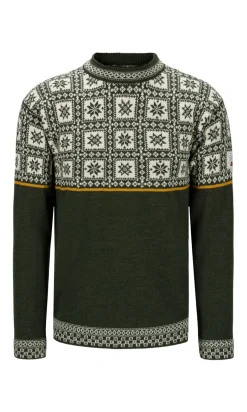 Dale of Norway Round Neck^Tyssoy Men's Sweater - Norwegian Wool Dark Green Offwhite Mustard