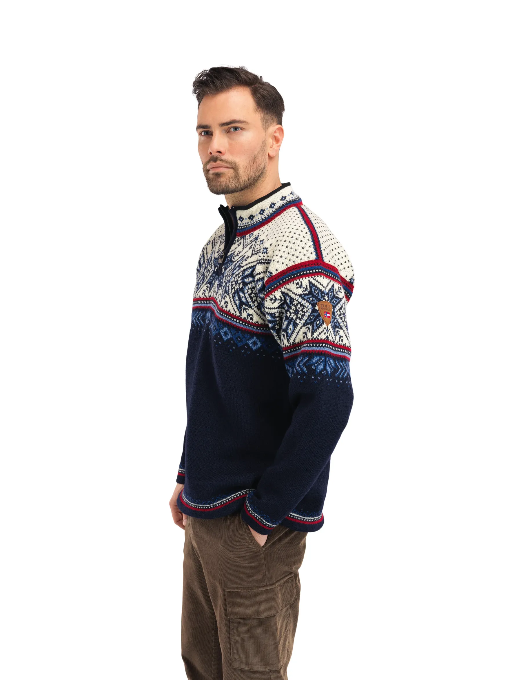 Dale of Norway Half-Zip^Vail Men's Sweater - Norwegian Wool Midnightnavy Redrose Offwhite