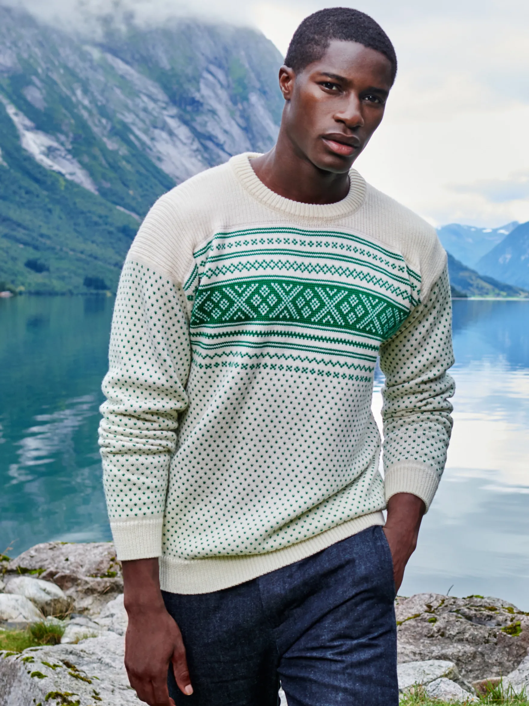Dale of Norway Round Neck^Valloy Men's Wool Sweater Offwhite Brightgreen